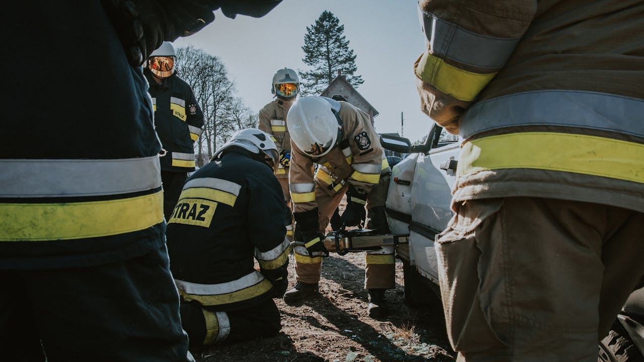 Firefighters in action using hydraulic tools during a rescue operation in Ocypel, Poland.